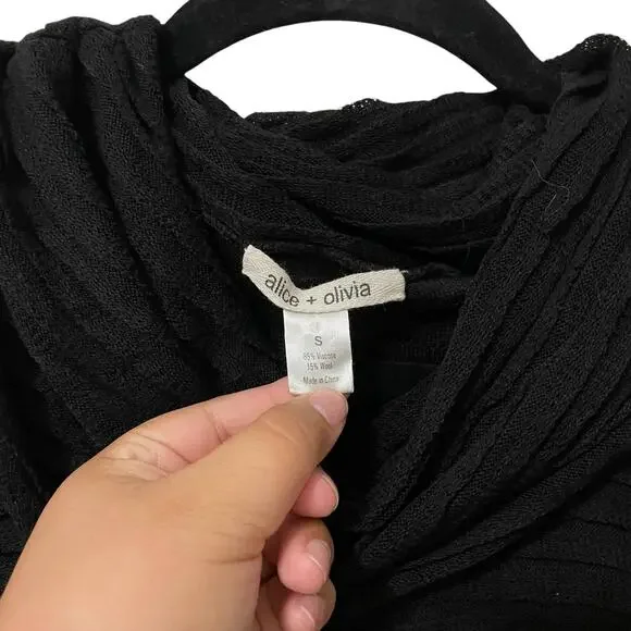 Alice + Olivia Black Knit Sweater Ribbed Bell Long Sleeve Mini Dress Size Small - Picture 2 of 4